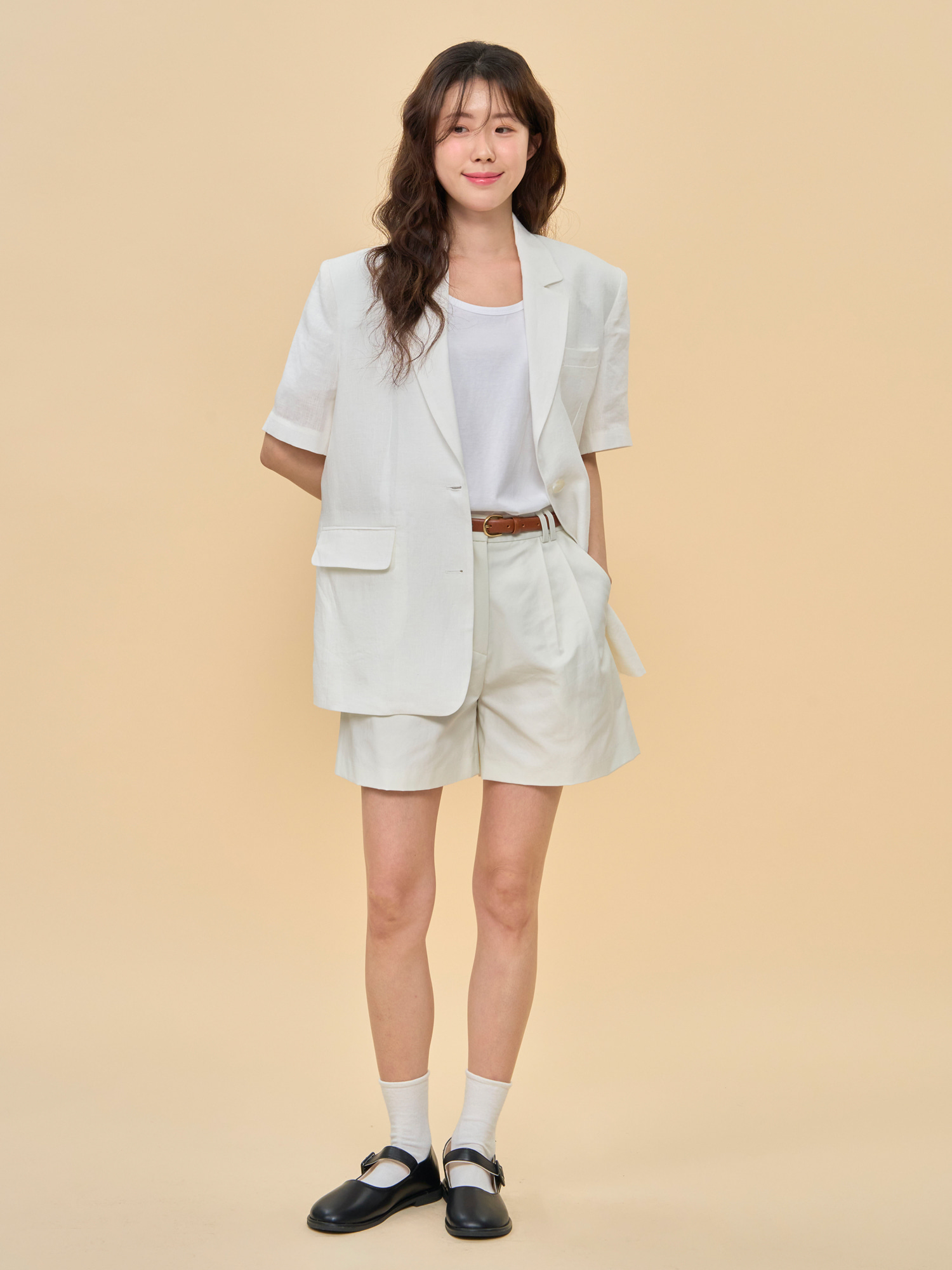 Half sleeve Linen jacket-White Ivory
